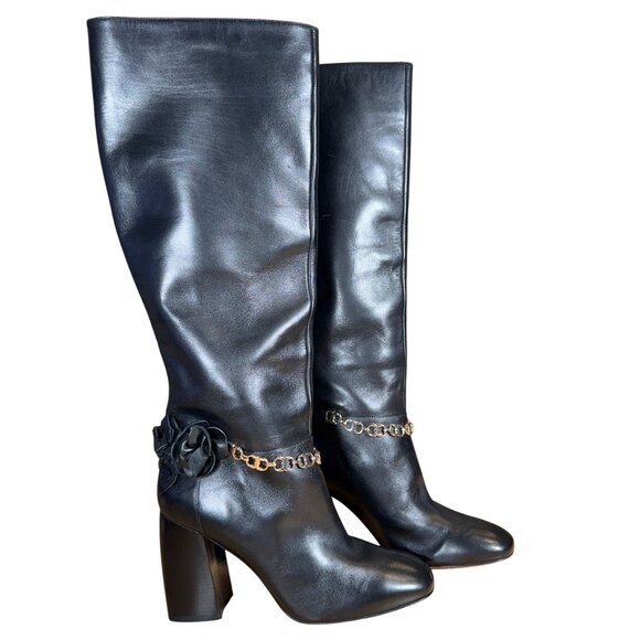 Tory Burch Black Leather Knee-High Boots W/ Chain & Flower Detail 8.5M - Picture 1 of 11